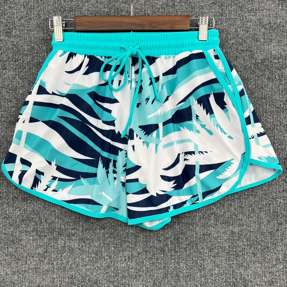 Summer Mae Swim Shorts Women 10 Teal Palm Drawstring Beach Tropical Vacation